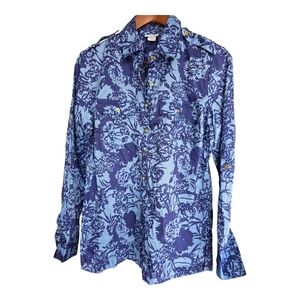 Jaclyn Smith Blue Floral Button-Up Long Sleeves Shirt Med 21"
